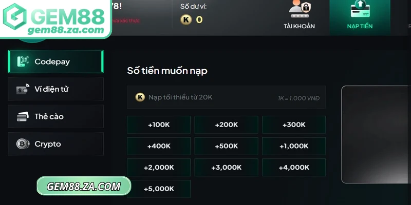 Các phương thức nạp tiền GEM88 đang hỗ trợ